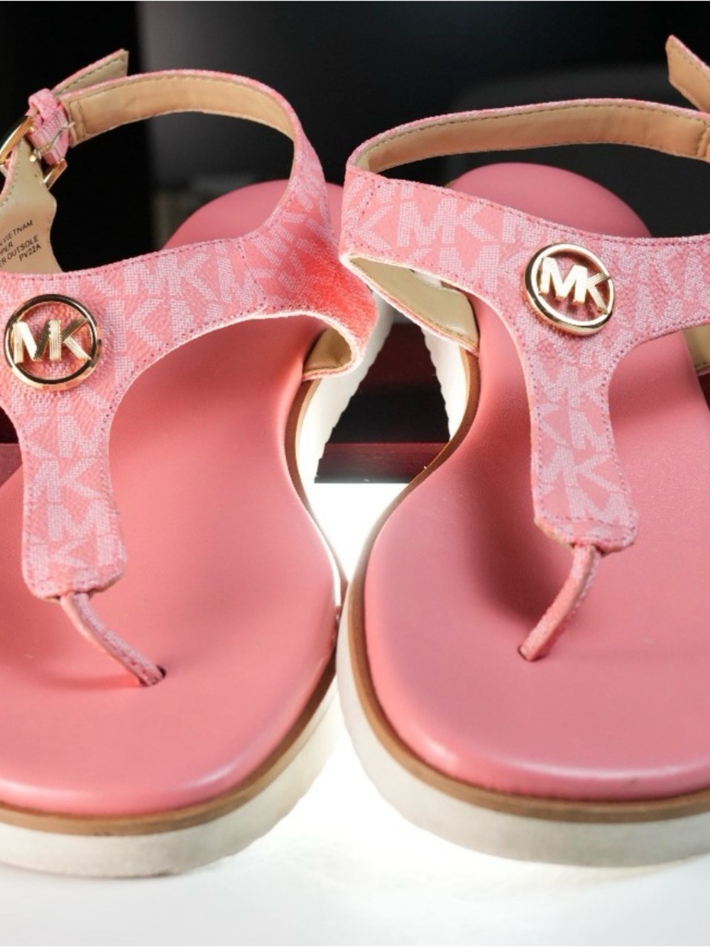 Michael Kors Pink Logo T-Strap Sandals with Gold MK Accents